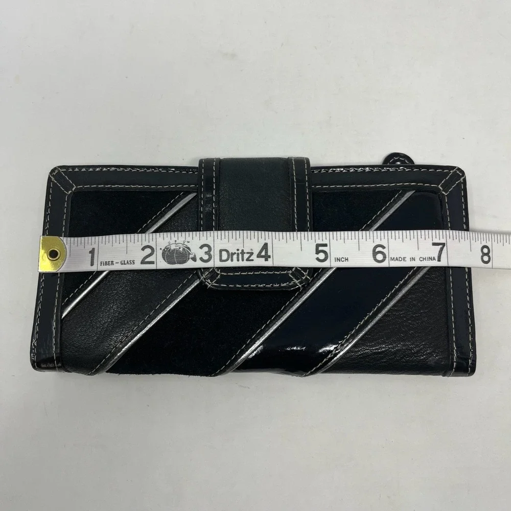 Vtg Fossil Black Diagonal Mixed Suede Patent Leather Bi‎ Fold Wallet Y2K Indie